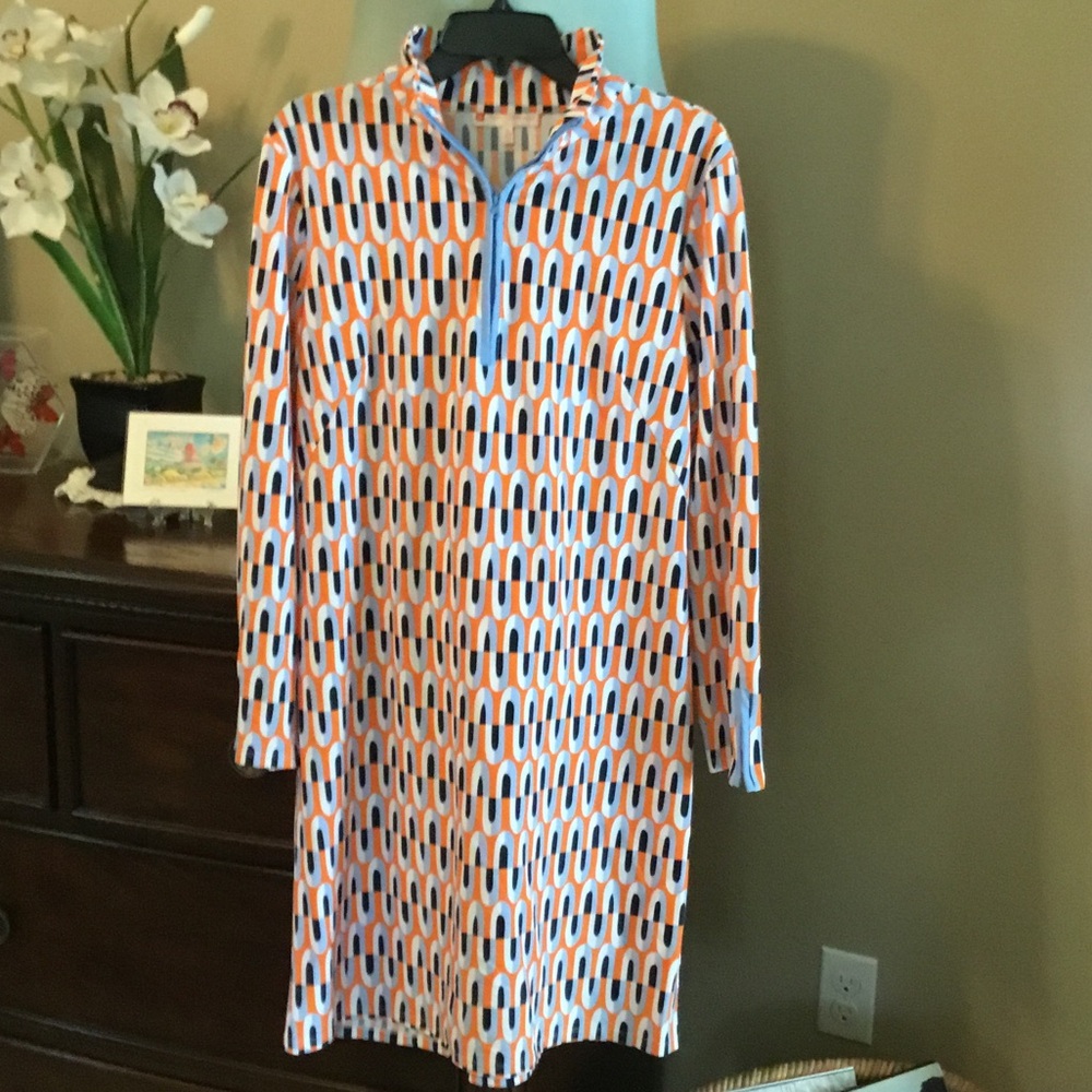 Jude Connally-EUC-The Anna-Orange, Navy & Light Blue Geometric Zip Midi Dress
